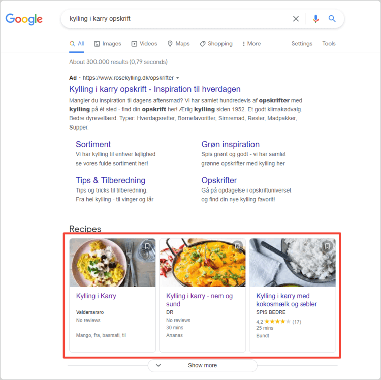 Eksempler af opskrifter vist i Google-søgning 