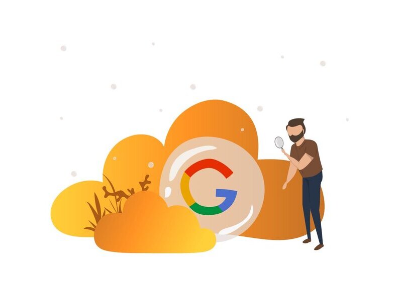 Morgan står med et forstørrelsesglas og kigger ned i en boble med googles logo