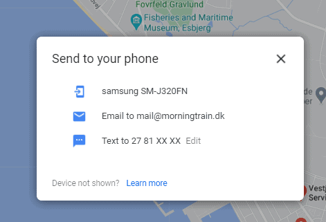 Google Maps-vindue, der viser, hvordan du sender rutevejledninger fra din computer til din mobil