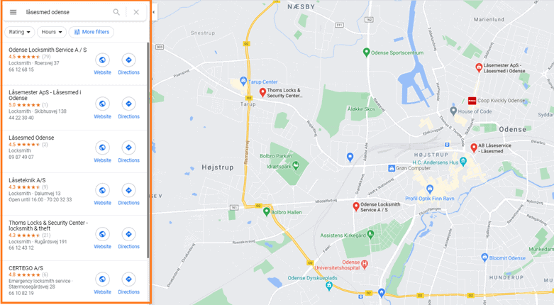 Resultater af søgningen "låsesmed odense" vises på Google maps