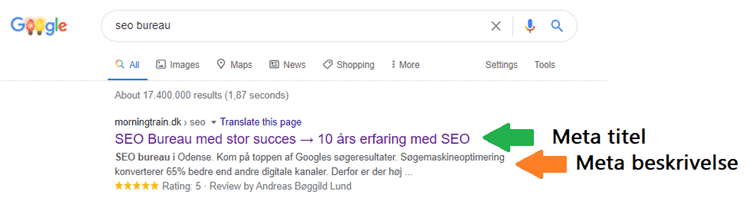 Et eksempel på et resultat i SERPS med en metabeskrivelse og sidetitel