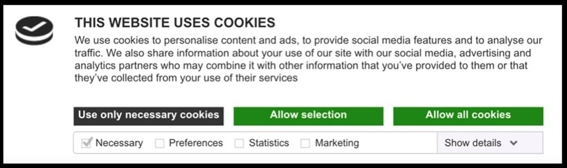 Screenshot af cookie samtykke banner