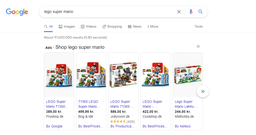 Screenshot af Google shopping