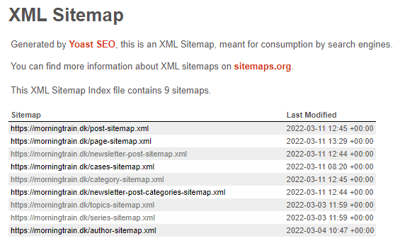 Morningtrains xml sitemaps er eksempel på forskellige sitemaps en stor hjemmeside kunne bruge
