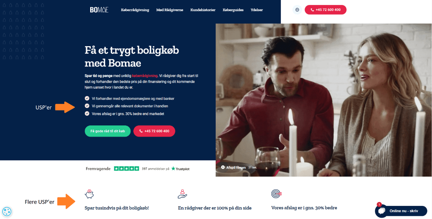 Screenshot af BOMAEs hjemmeside med USP'er