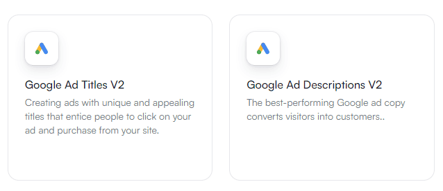 Screenshot fra AI programmet Writesonic der viser valgmuligheder i forbindelse med generering af annoncetekster til Google Ads